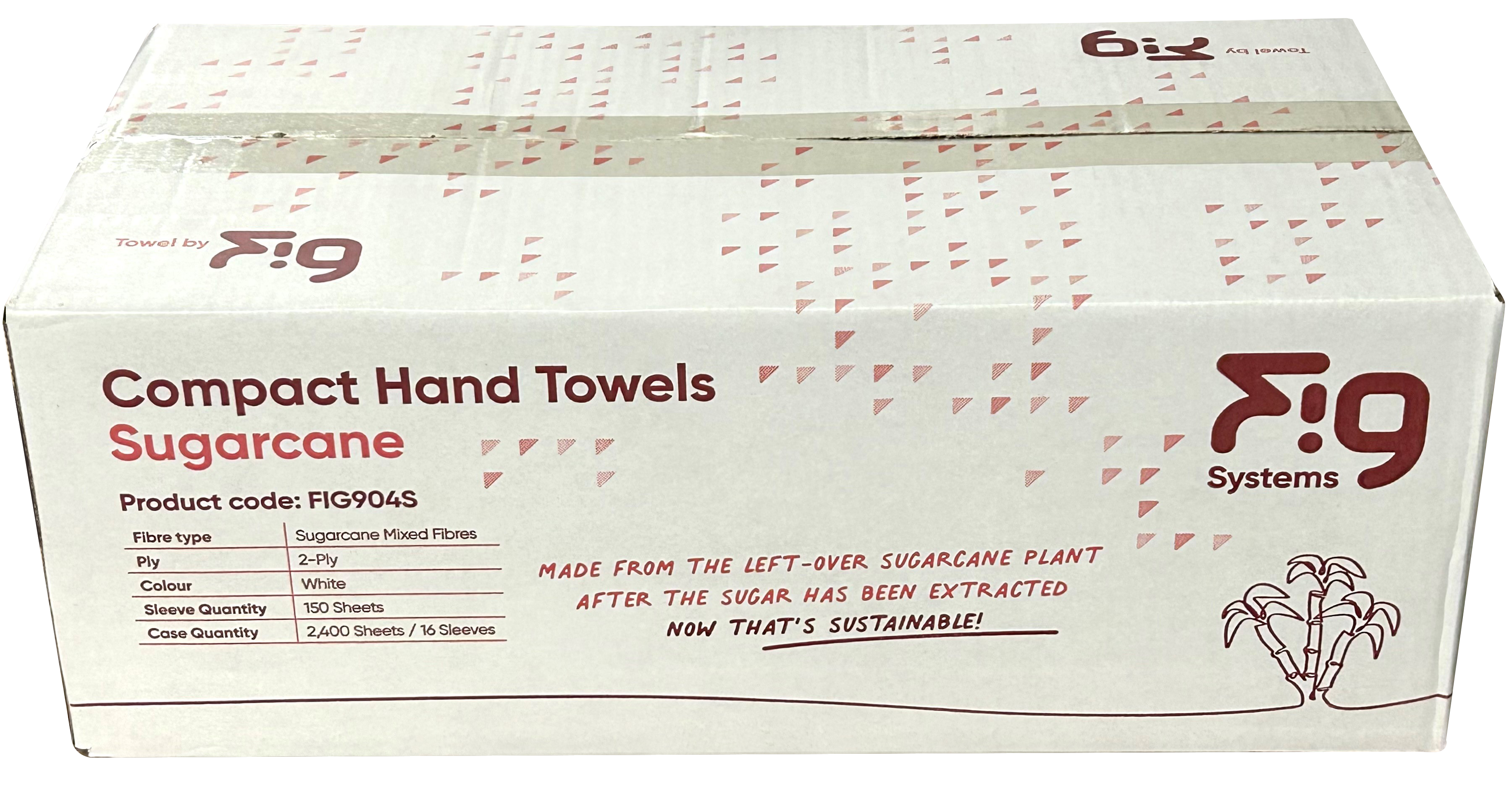 FIG Systems Sugarcane Compact Hand Towels 2-ply packaging, featuring sustainable sugarcane mixed fibres, 150 sheets per sleeve and 2,400 sheets per case.